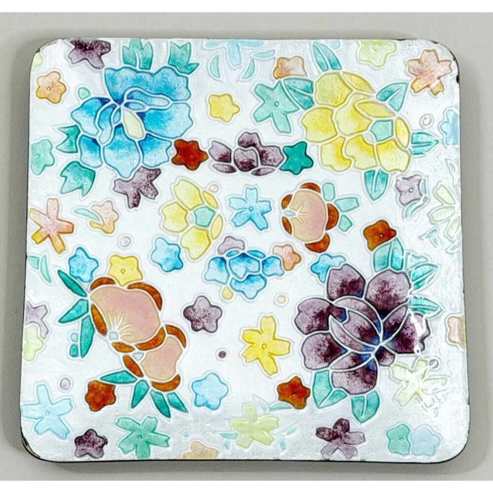 Vtg ANDO 4" Trinket Dish Plate Cloisonne Enamel Metal Flowers Floral Japan GUC